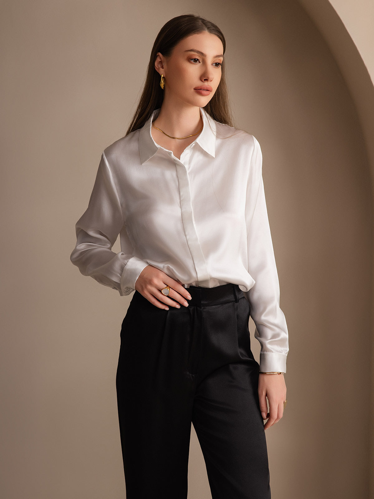 [White] SilkSilky  19Momme Silk Lapel Collar Women's Shirt 001