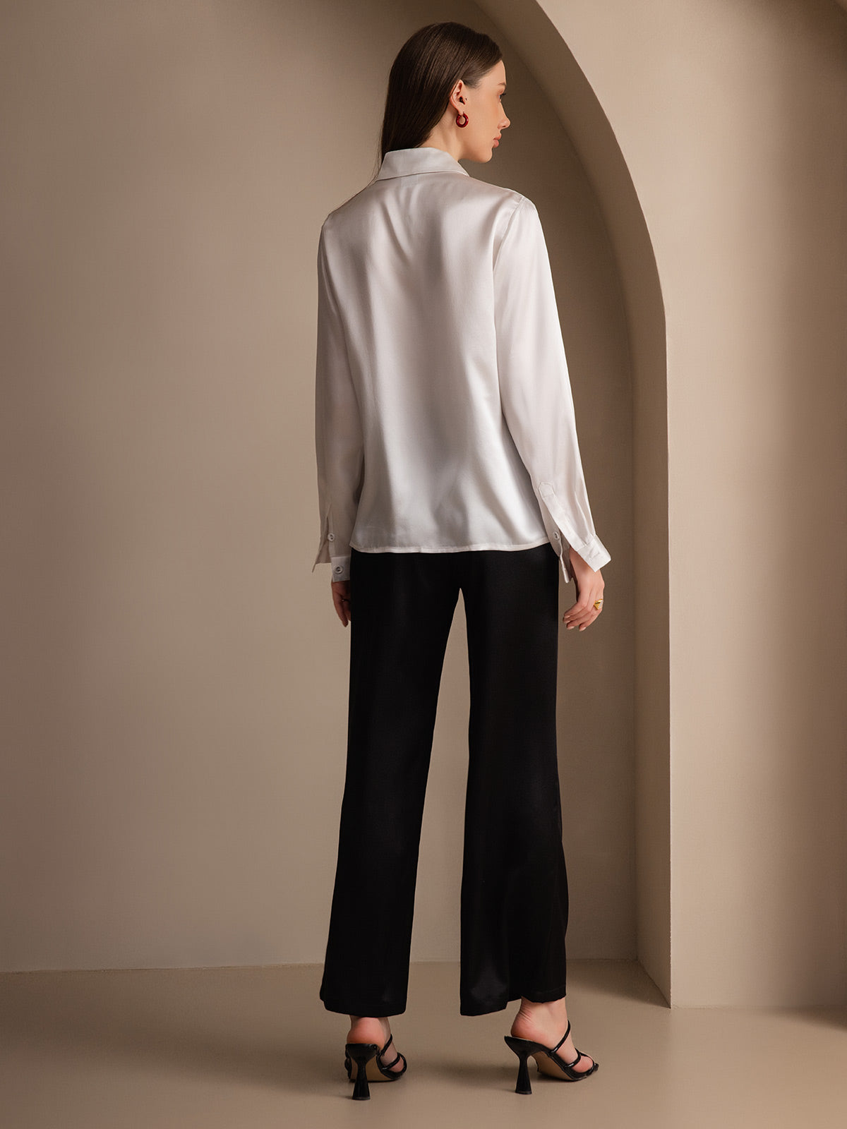[White] SilkSilky  19Momme Silk Lapel Collar Women's Shirt 002
