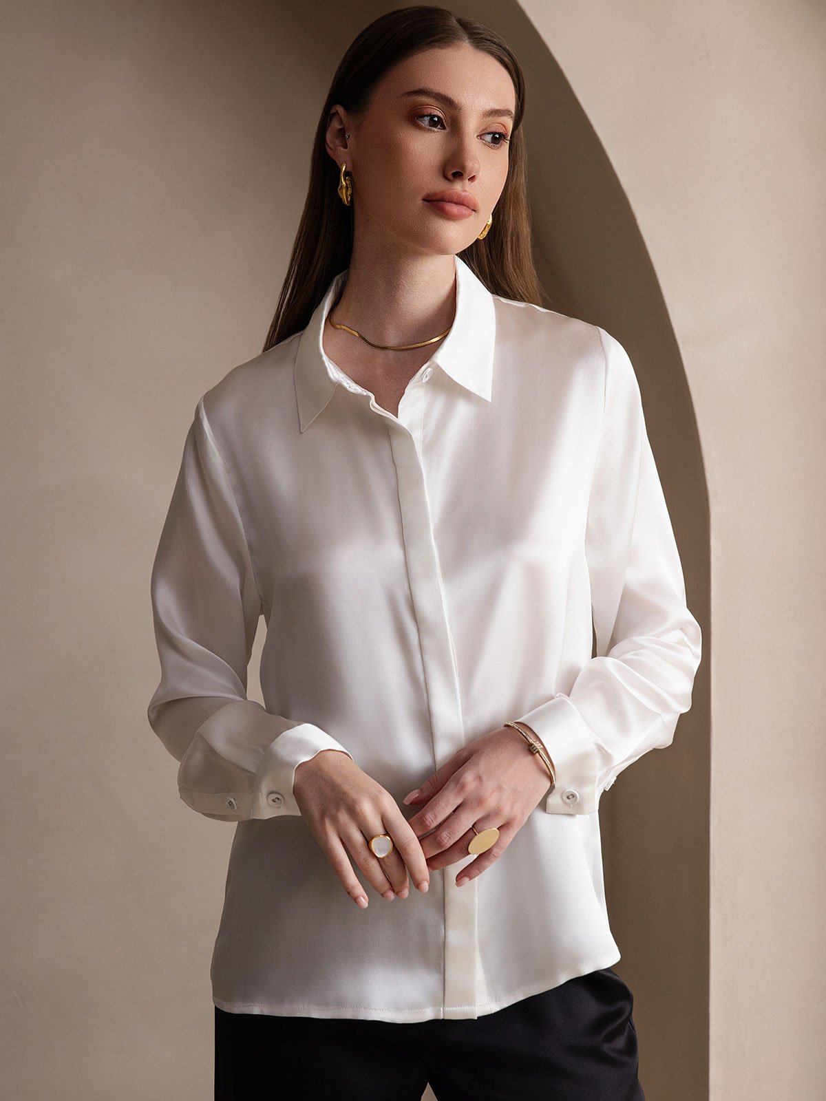 [White] SilkSilky  19Momme Silk Lapel Collar Women's Shirt 003