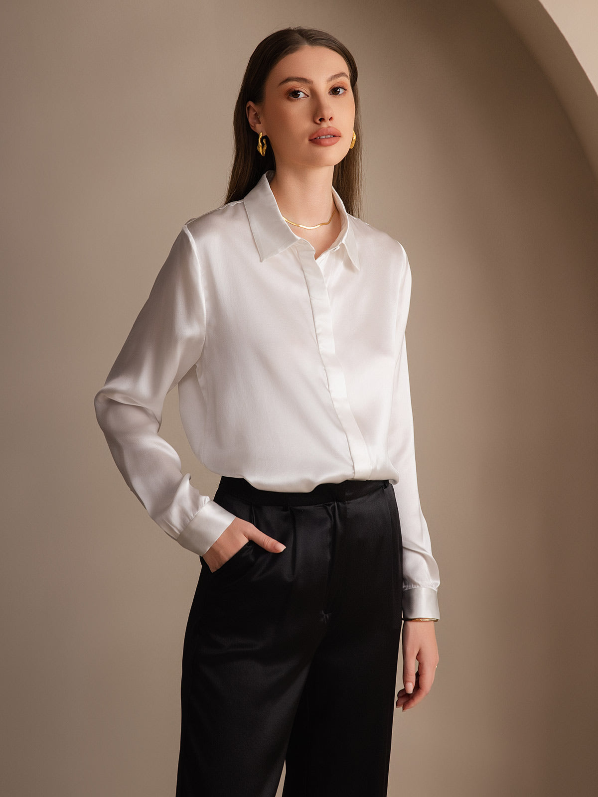 [White] SilkSilky  19Momme Silk Lapel Collar Women's Shirt 003
