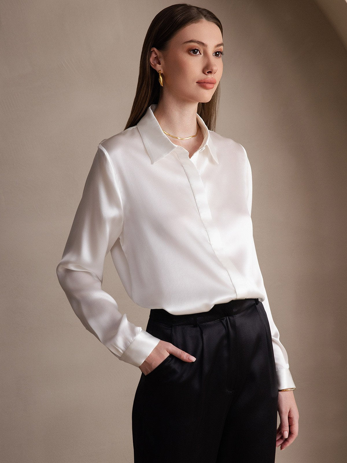 [White] SilkSilky  19Momme Silk Lapel Collar Women's Shirt 004