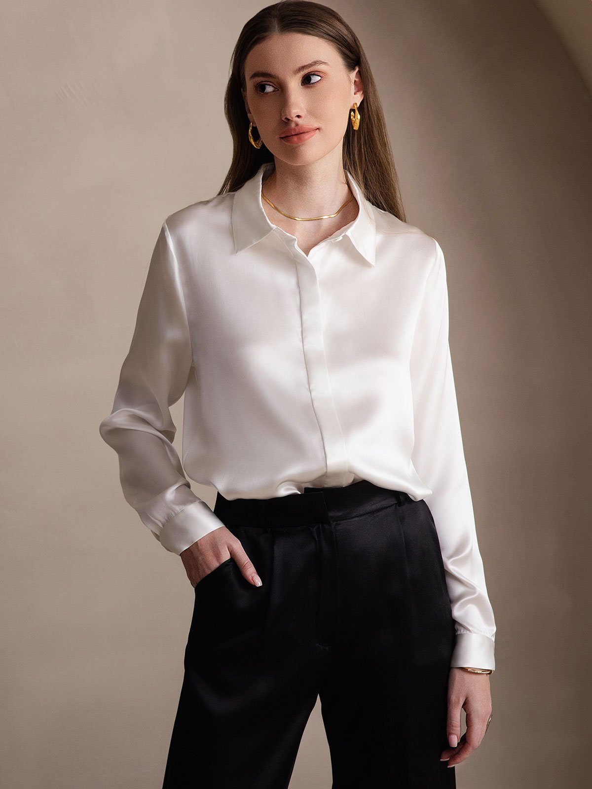 [White] SilkSilky  19Momme Silk Lapel Collar Women's Shirt 005