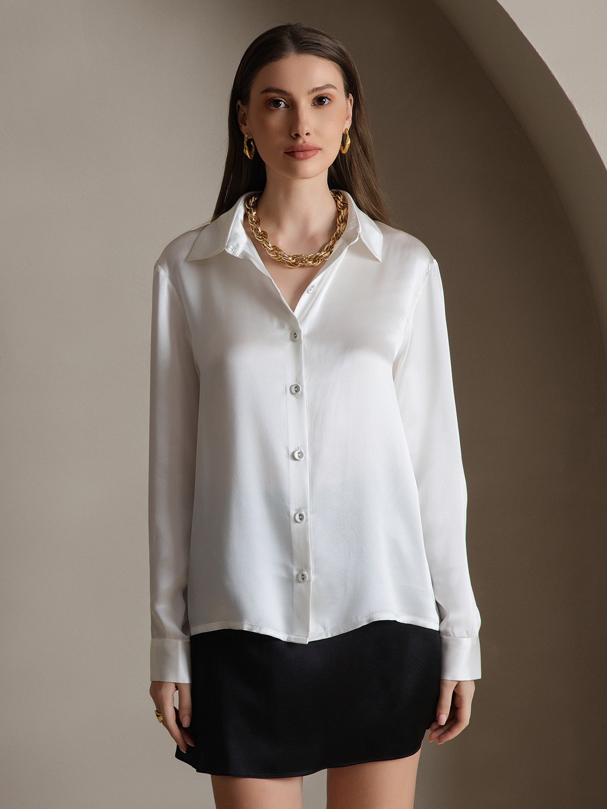 [White] SilkSilky  19Momme Silk Lapel Collar Women's Shirt 006