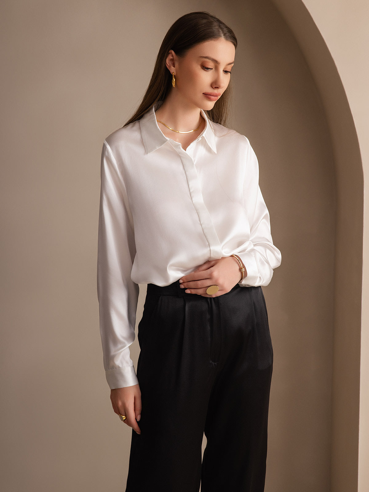 [White] SilkSilky  19Momme Silk Lapel Collar Women's Shirt 006
