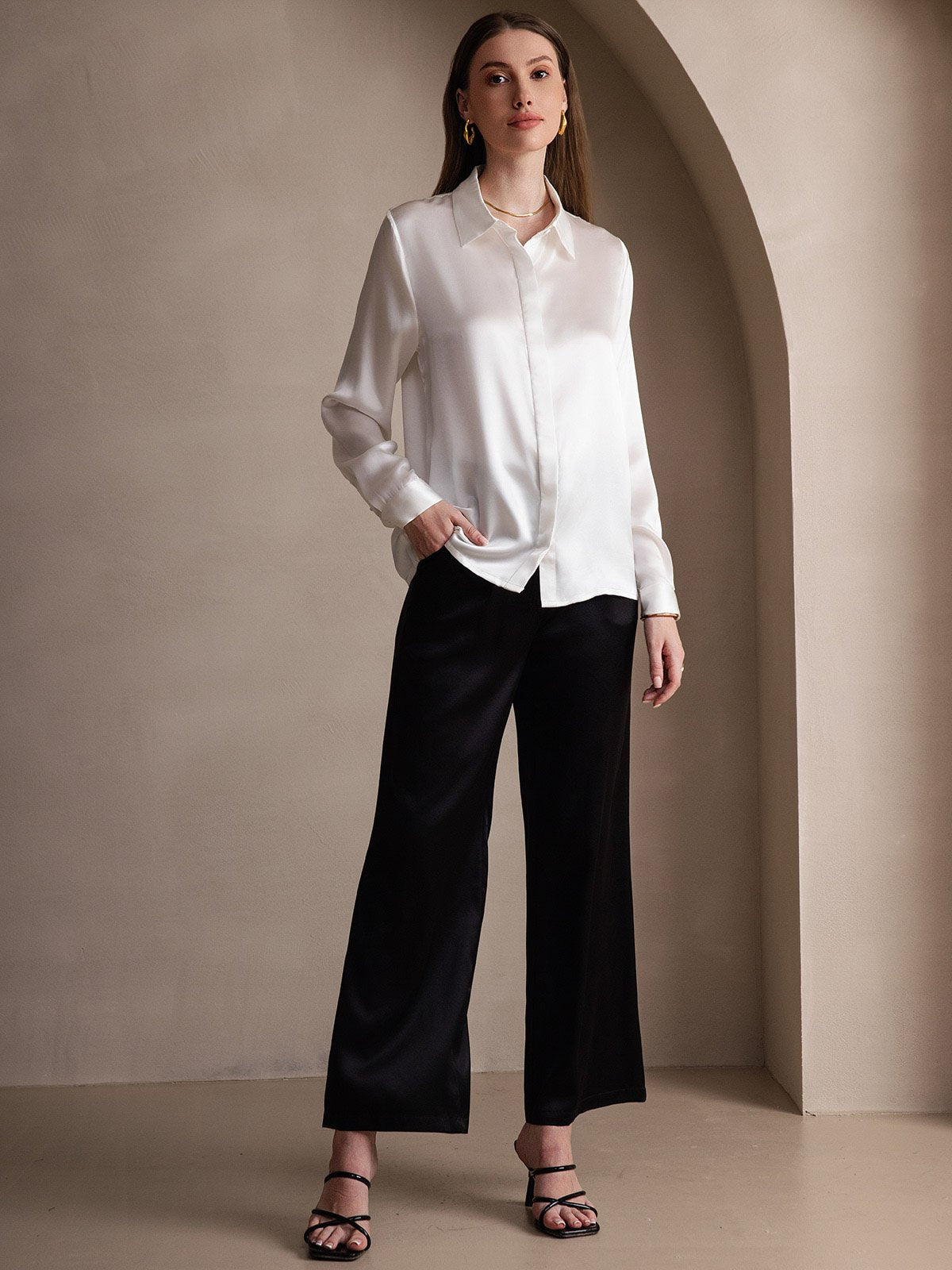 [White] SilkSilky  19Momme Silk Lapel Collar Women's Shirt 007