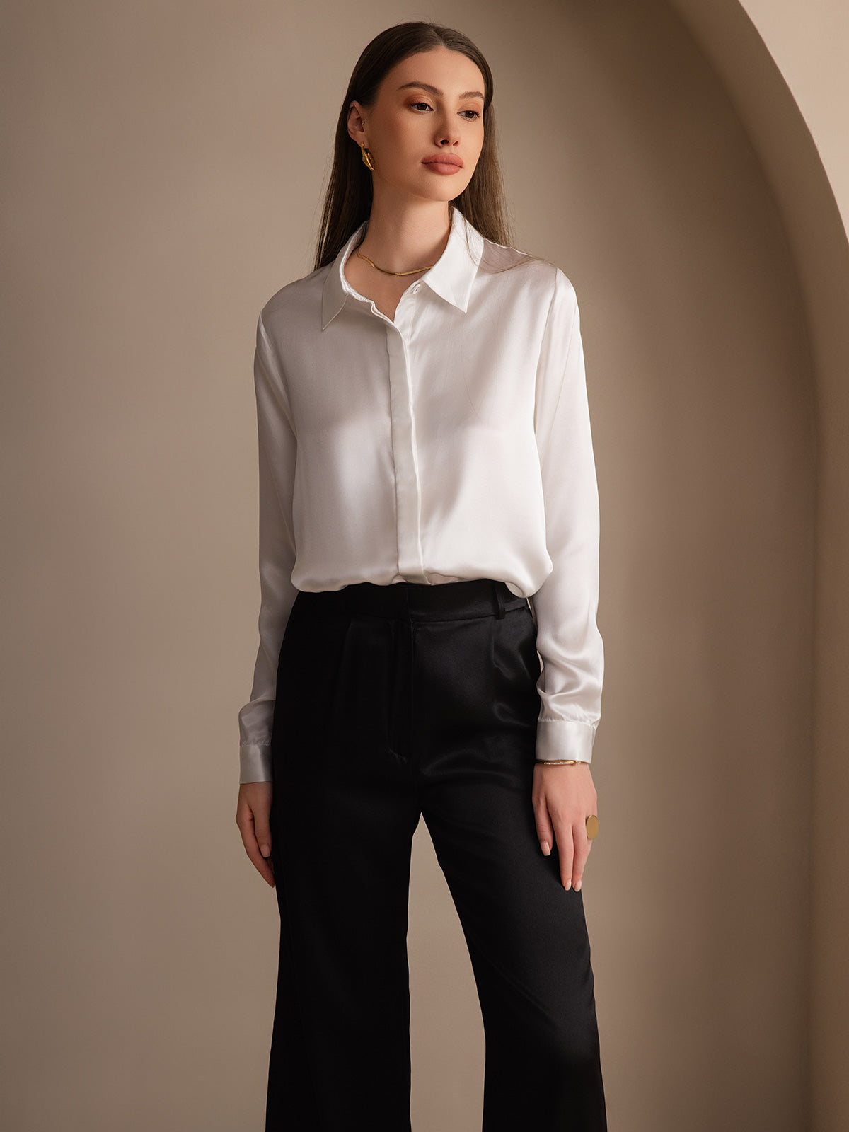 [White] SilkSilky  19Momme Silk Lapel Collar Women's Shirt 007