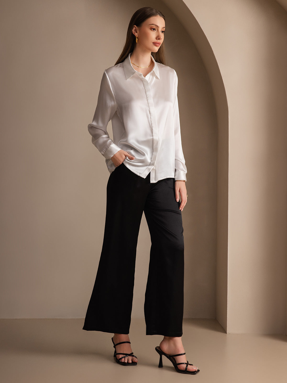 [White] SilkSilky  19Momme Silk Lapel Collar Women's Shirt 008
