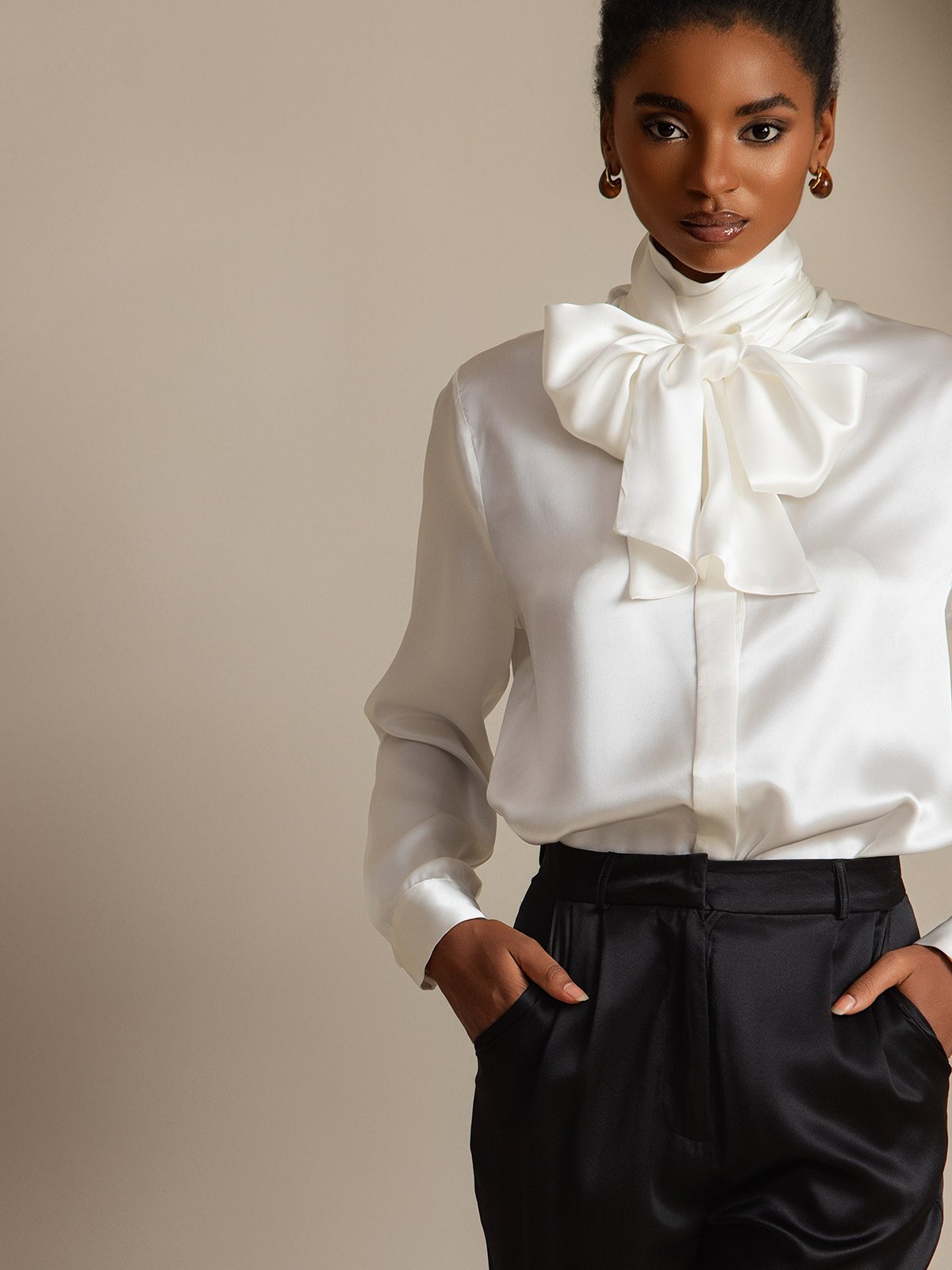 [White] SilkSilky 19Momme Silk Long Sleeve Tie Neck Women's Shirt 001