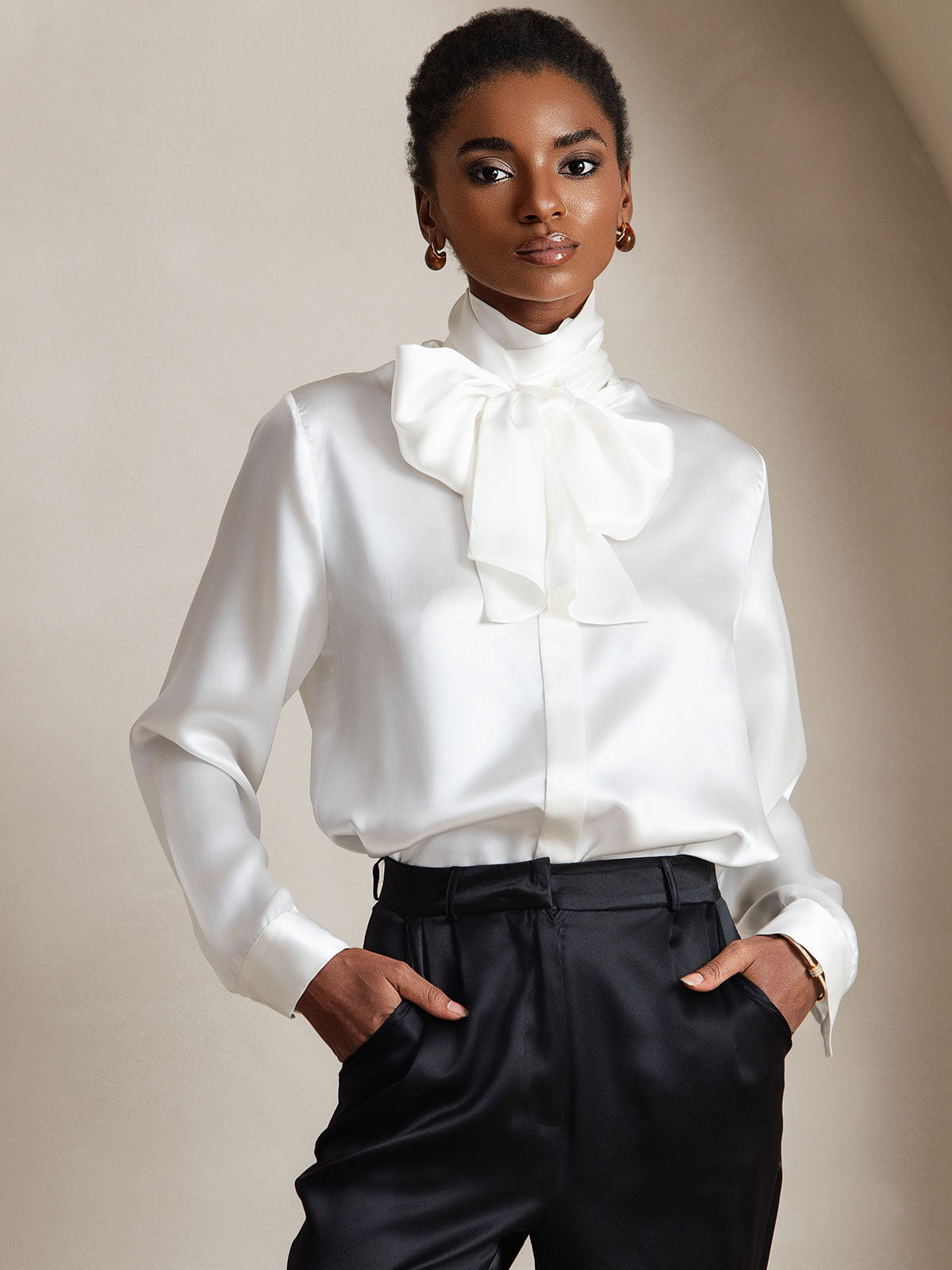 [White] SilkSilky 19Momme Silk Long Sleeve Tie Neck Women's Shirt 001