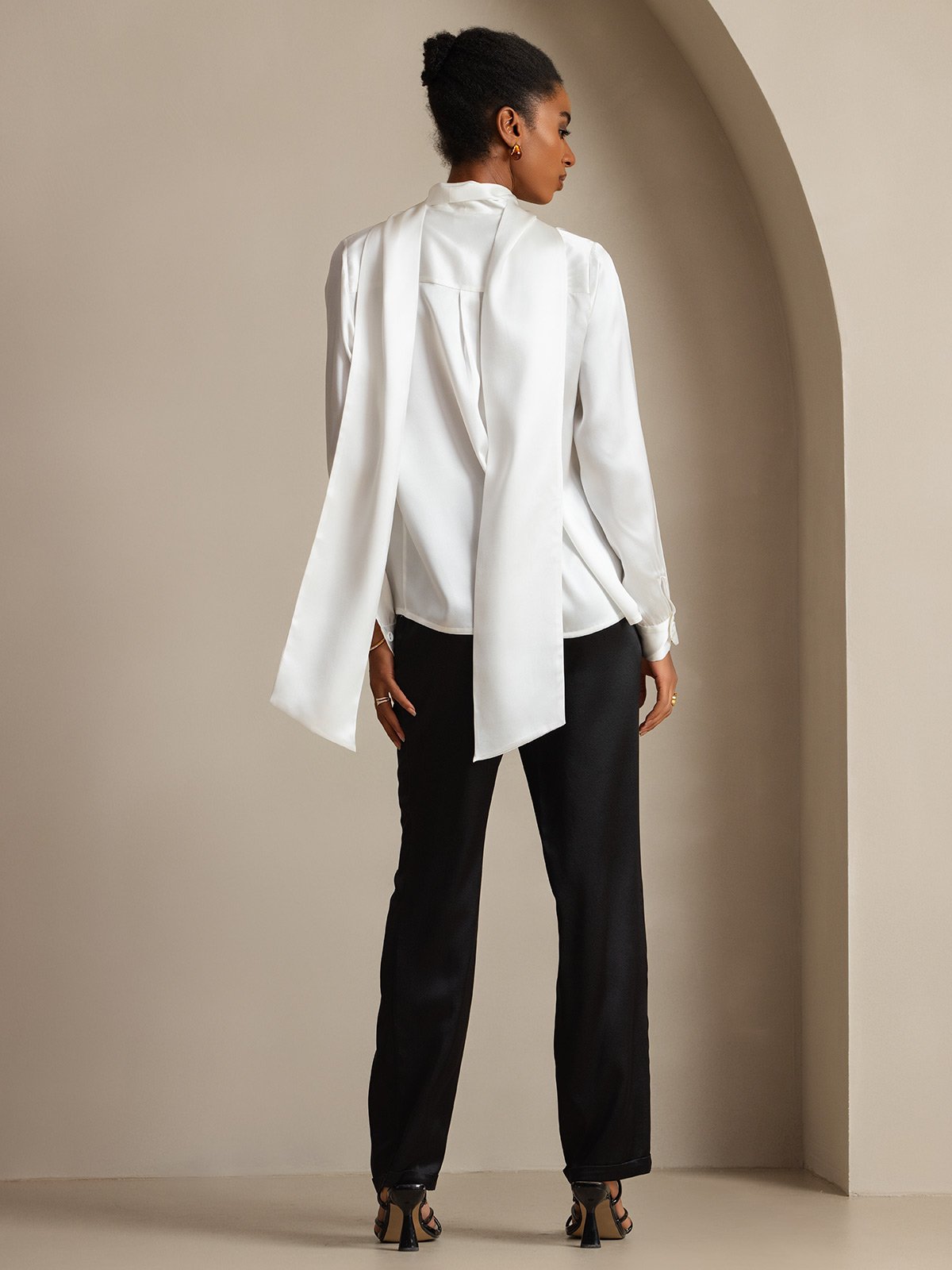[White] SilkSilky 19Momme Silk Long Sleeve Tie Neck Women's Shirt 002