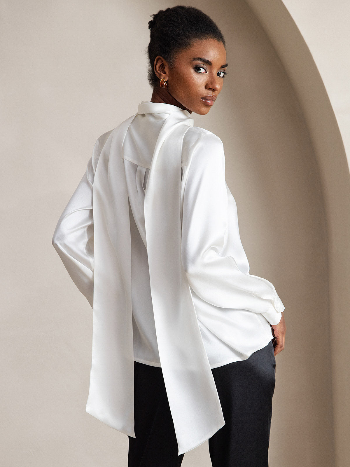 [White] SilkSilky 19Momme Silk Long Sleeve Tie Neck Women's Shirt 002