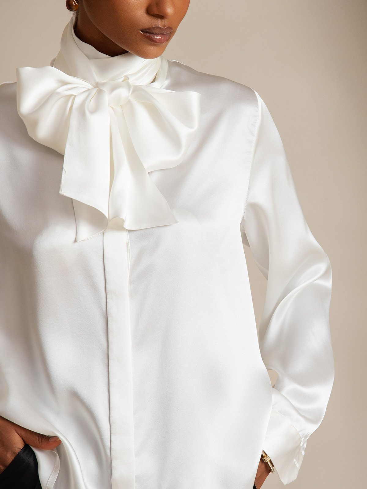 [White] SilkSilky 19Momme Silk Long Sleeve Tie Neck Women's Shirt 003