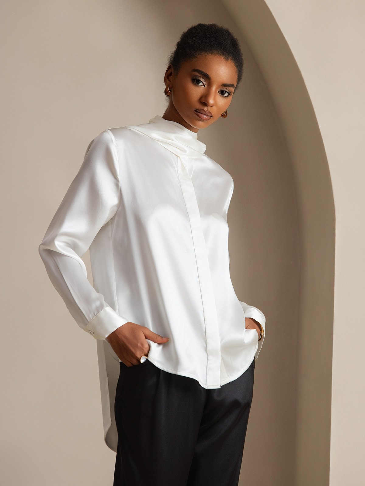 [White] SilkSilky 19Momme Silk Long Sleeve Tie Neck Women's Shirt 004