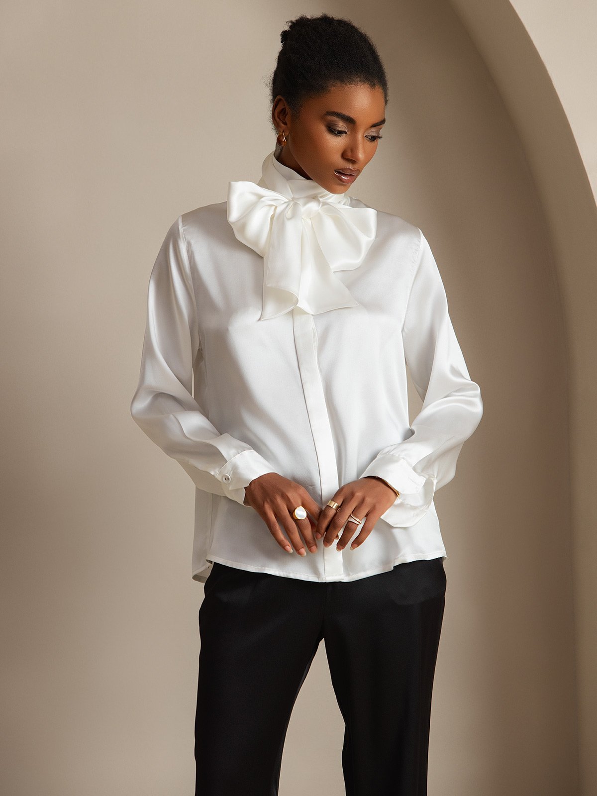 [White] SilkSilky 19Momme Silk Long Sleeve Tie Neck Women's Shirt 005