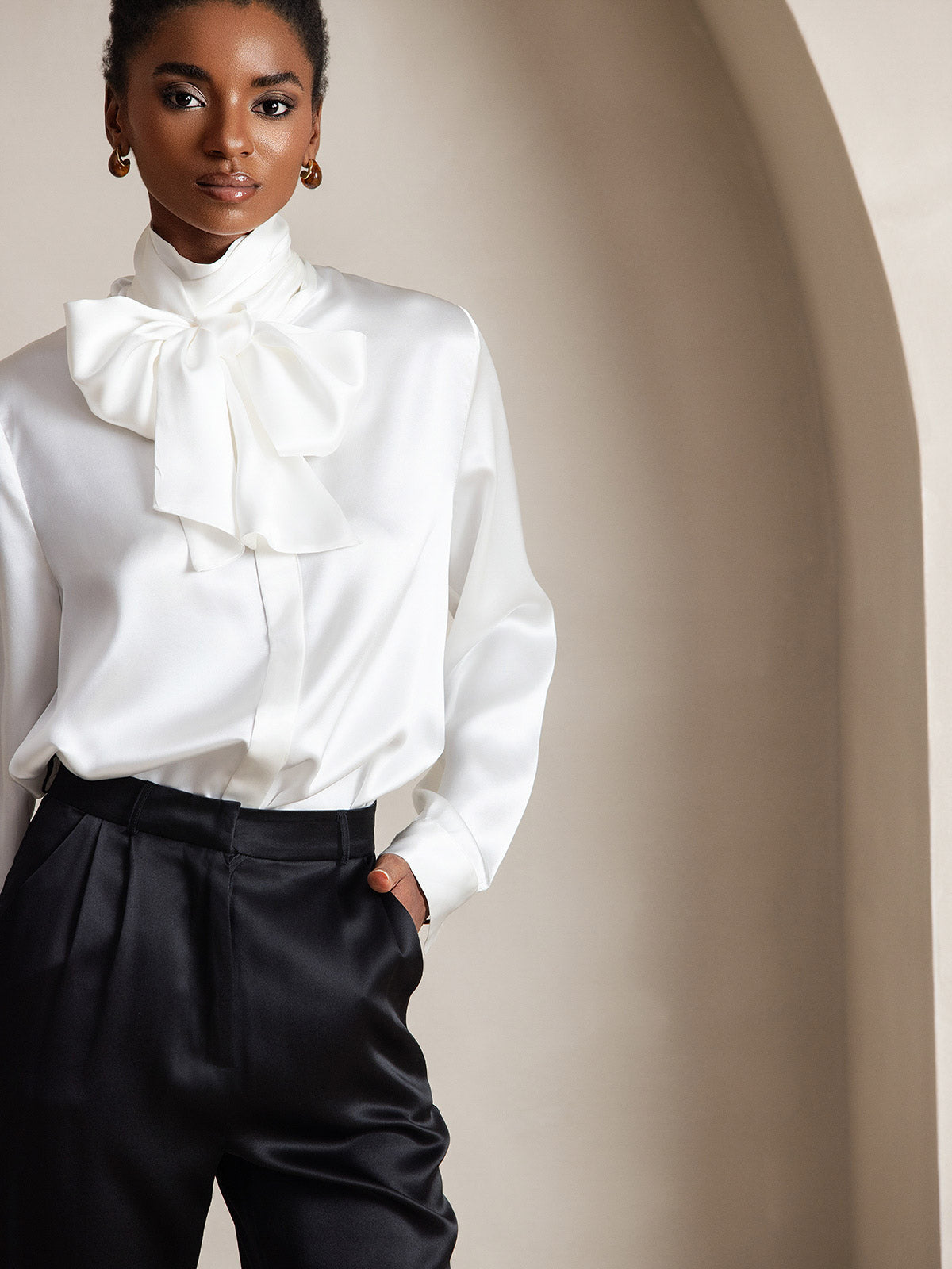 [White] SilkSilky 19Momme Silk Long Sleeve Tie Neck Women's Shirt 005