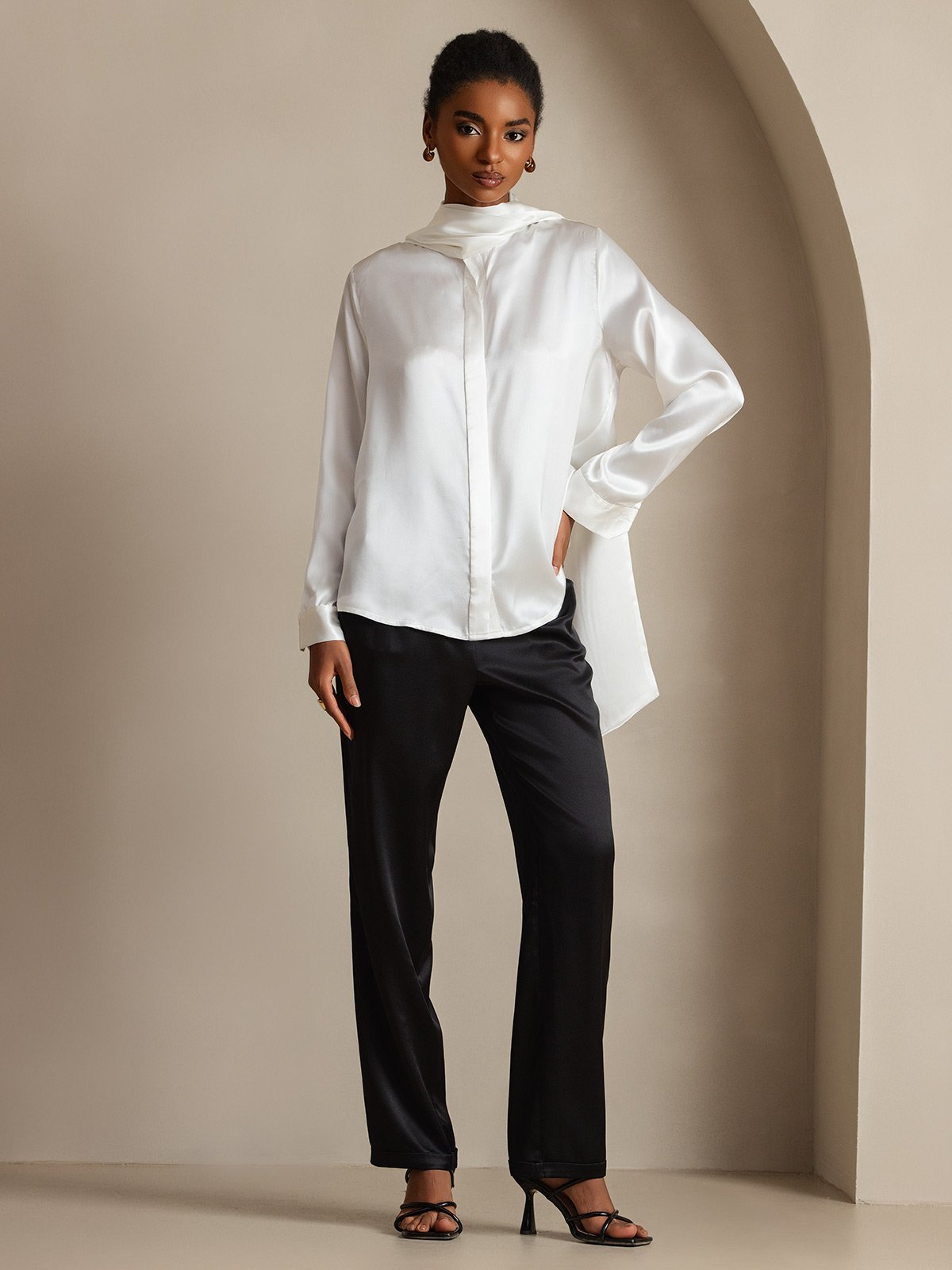 [White] SilkSilky 19Momme Silk Long Sleeve Tie Neck Women's Shirt 006