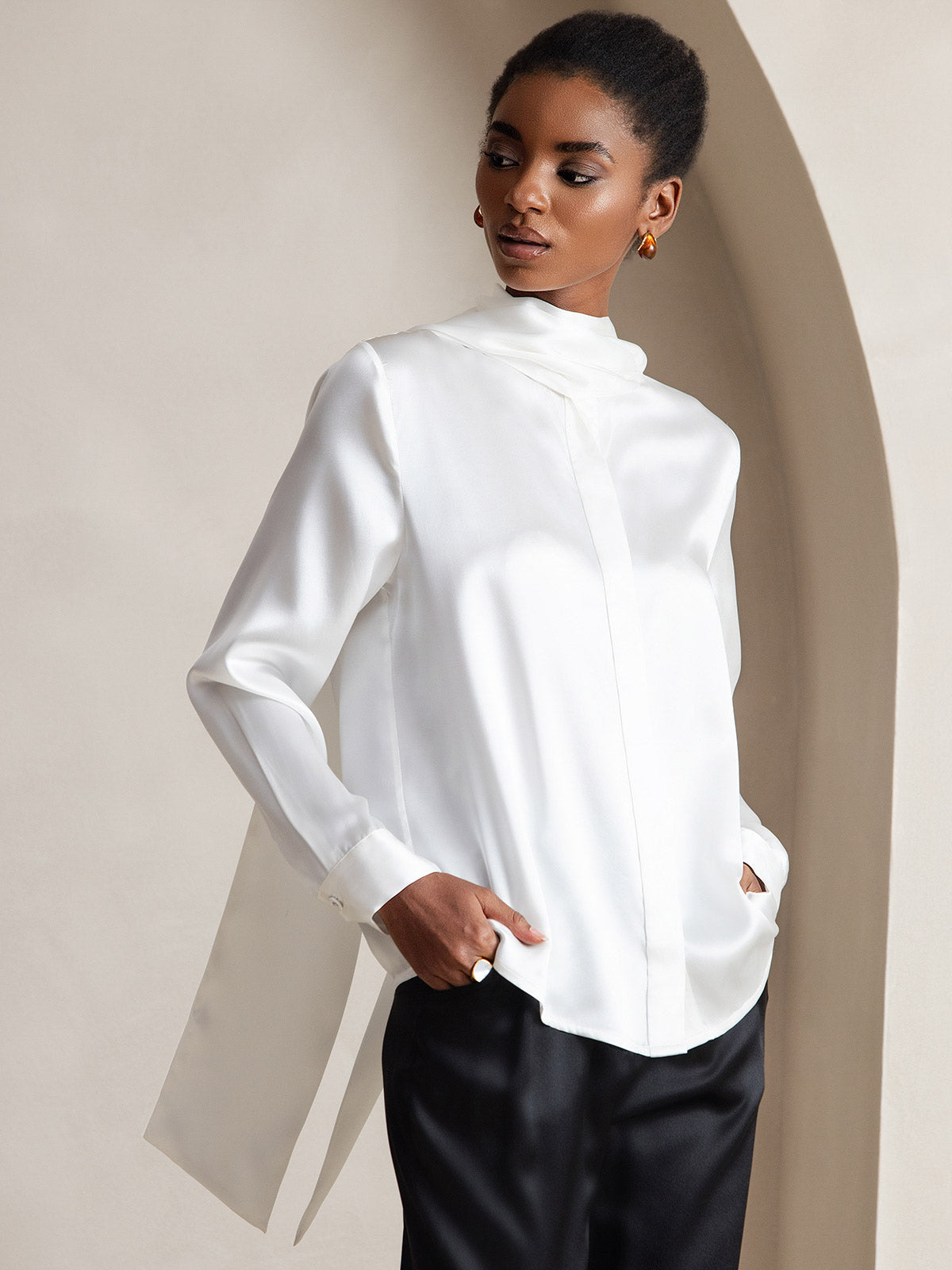 [White] SilkSilky 19Momme Silk Long Sleeve Tie Neck Women's Shirt 006