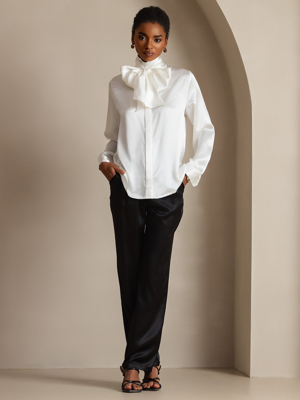 [White] SilkSilky 19Momme Silk Long Sleeve Tie Neck Women's Shirt 007