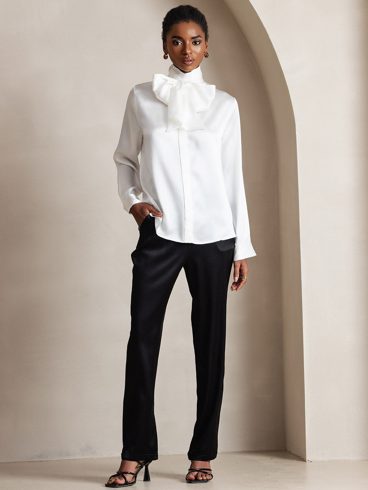 [White] SilkSilky 19Momme Silk Long Sleeve Tie Neck Women's Shirt 007