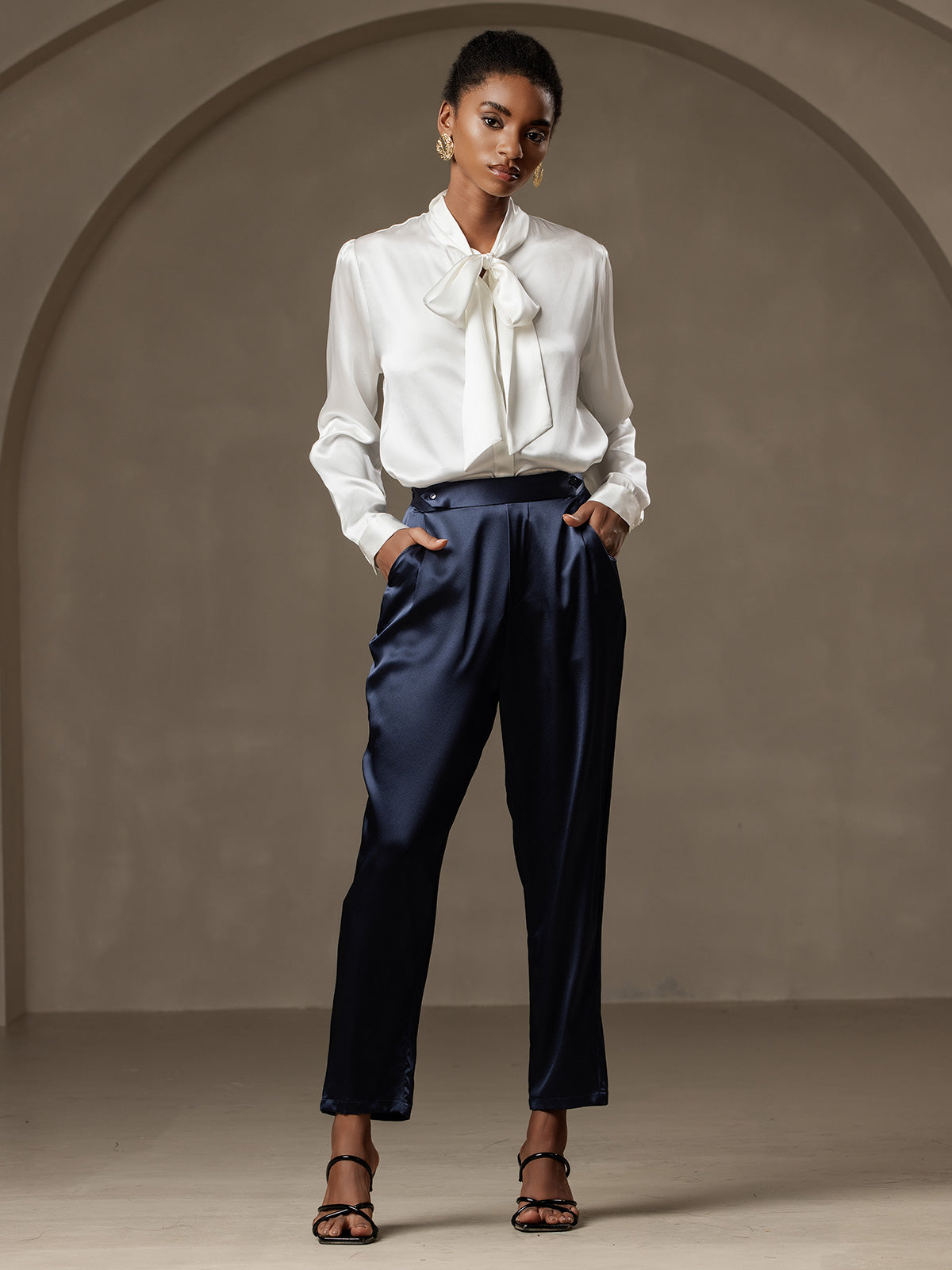 [White] SilkSilky 19Momme Silk Long Sleeve Tie Neck Women's Shirt 007