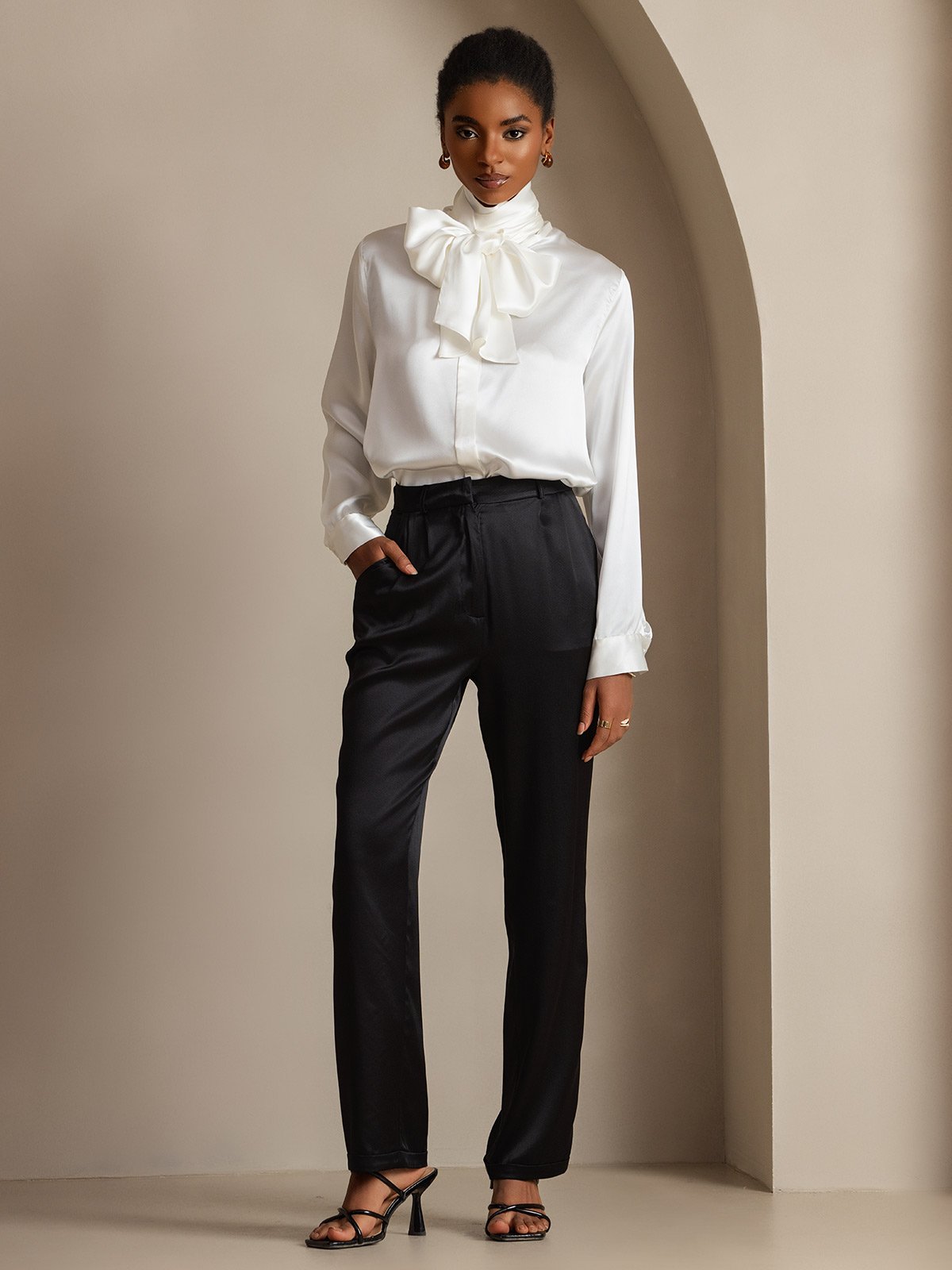 [White] SilkSilky 19Momme Silk Long Sleeve Tie Neck Women's Shirt 008