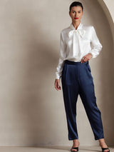 [White] SilkSilky  19Momme Stretch Silk Charmeuse Long Sleeve Tie Neck Blouse 008