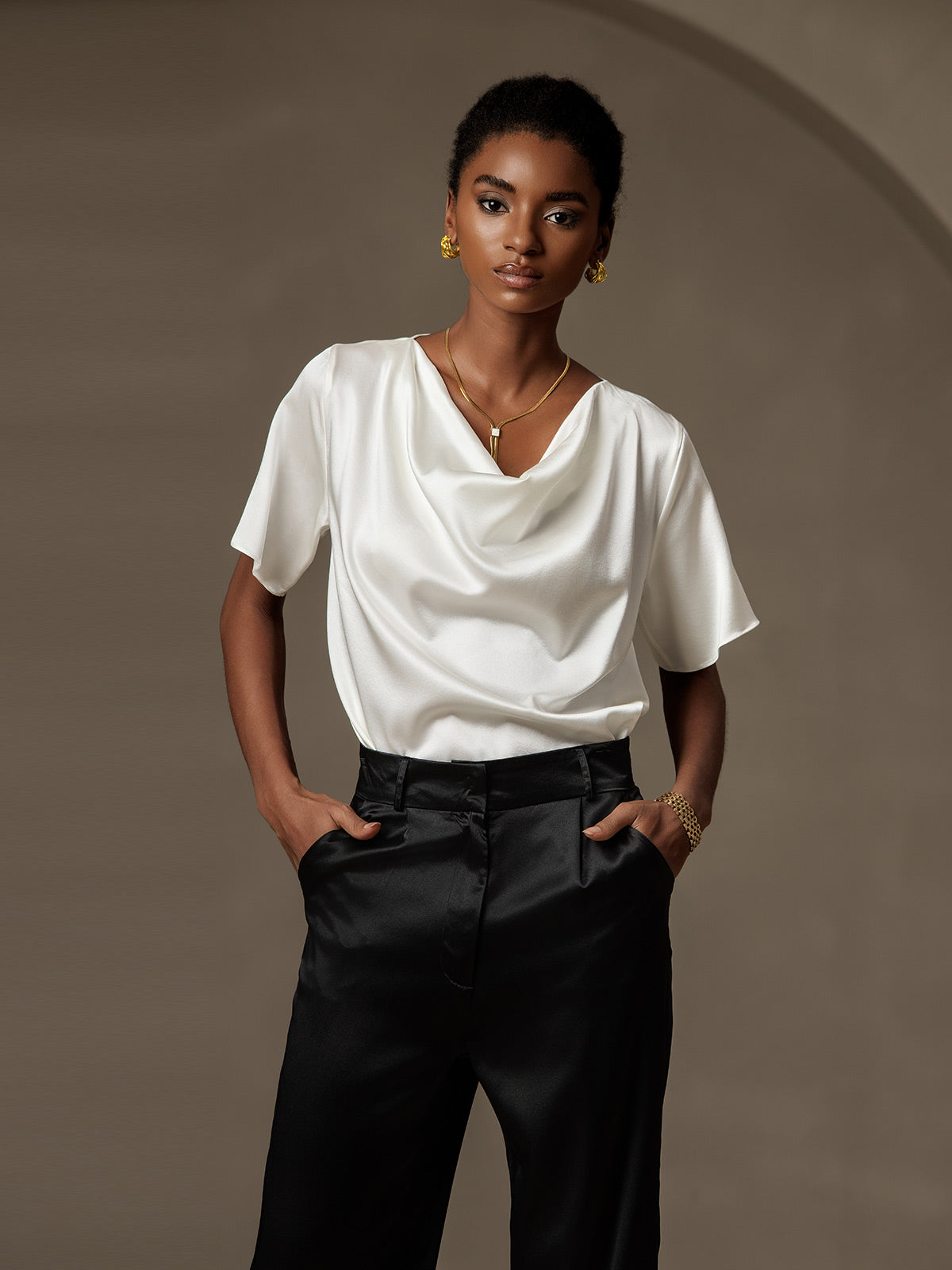 [White] SilkSilky 19Momme Silk Short Sleeve Cowl Neck Women's T-Shirt 001