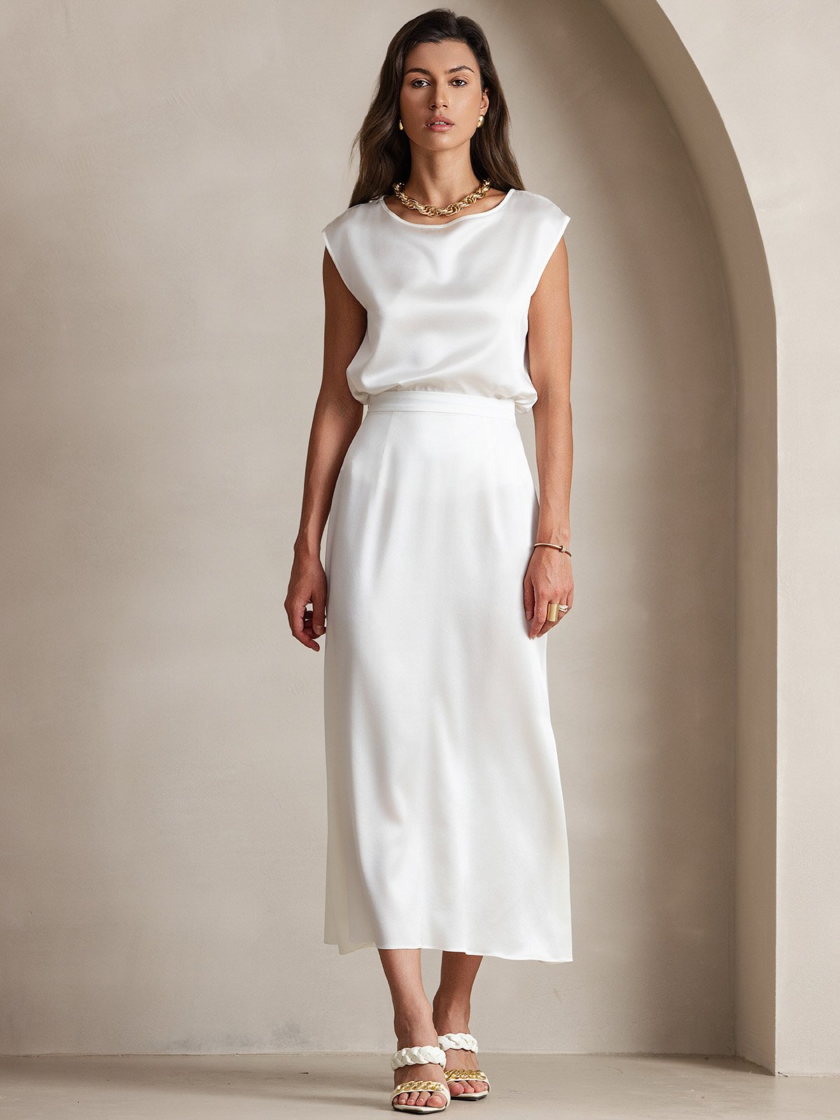 [White] SilkSilky 19Momme Silk Skirt 005