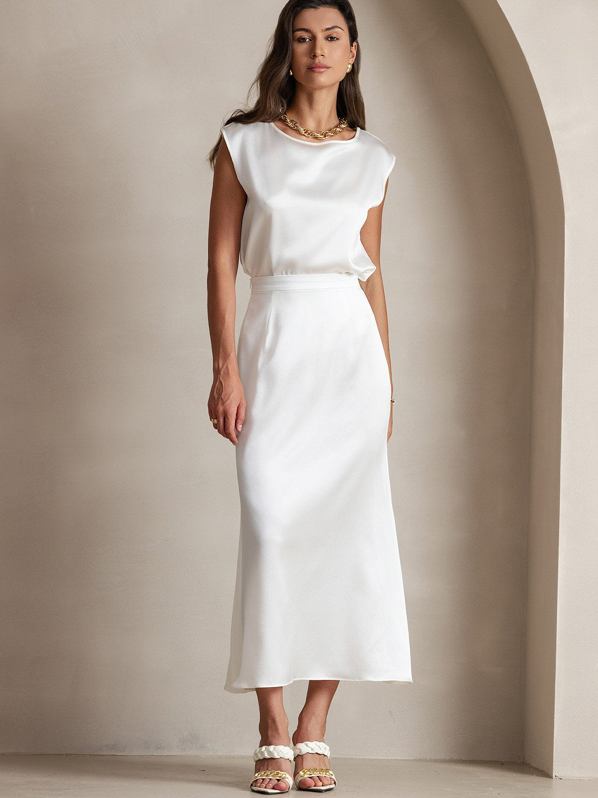 [White] SilkSilky 19Momme Silk Skirt 006