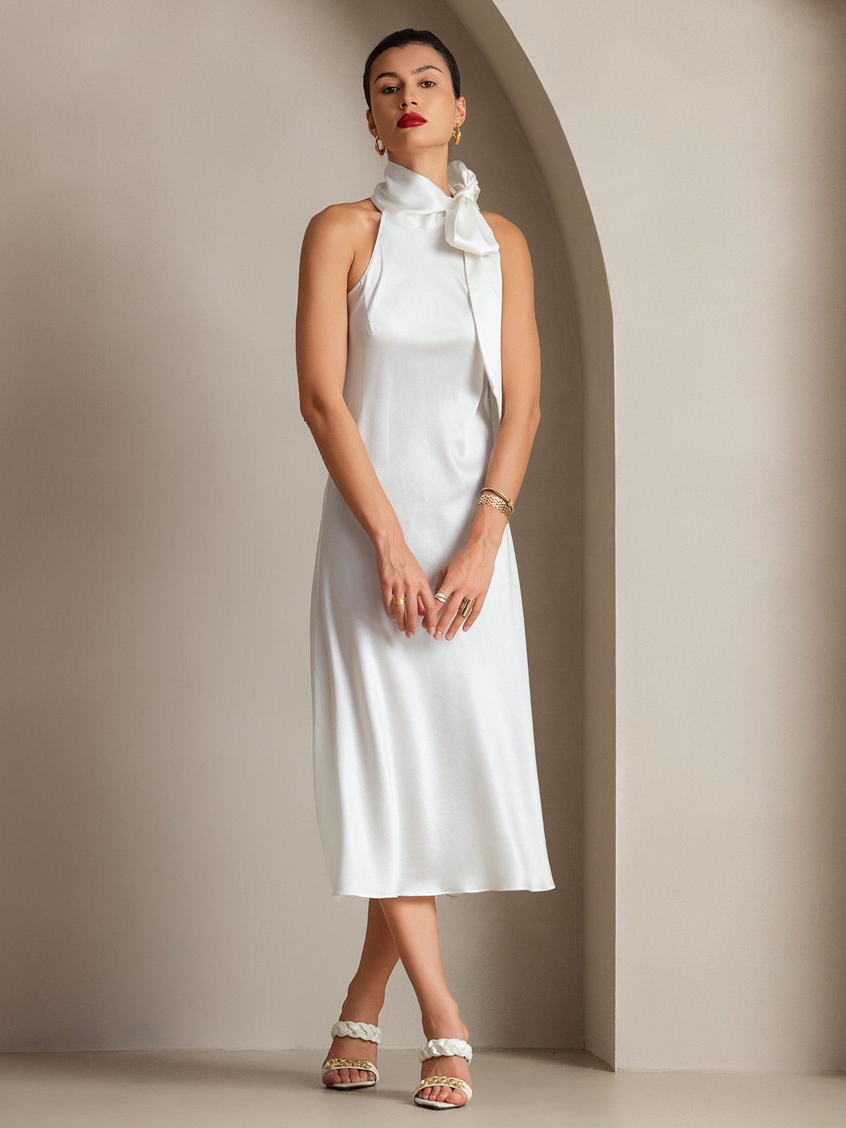 [White] SilkSilky 19Momme Silk Sleeveless Tie Neck Dress 001