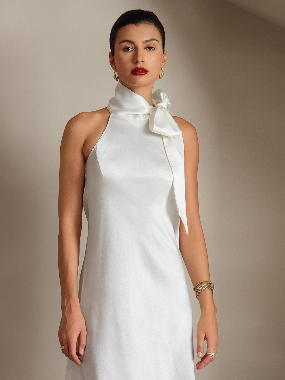 [White] SilkSilky 19Momme Silk Sleeveless Tie Neck Dress 003