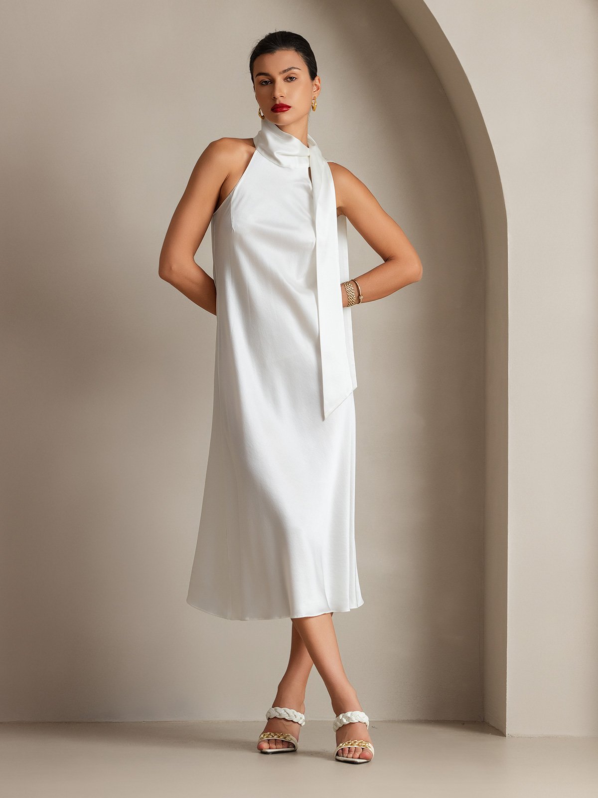 [White] SilkSilky 19Momme Silk Sleeveless Tie Neck Dress 004