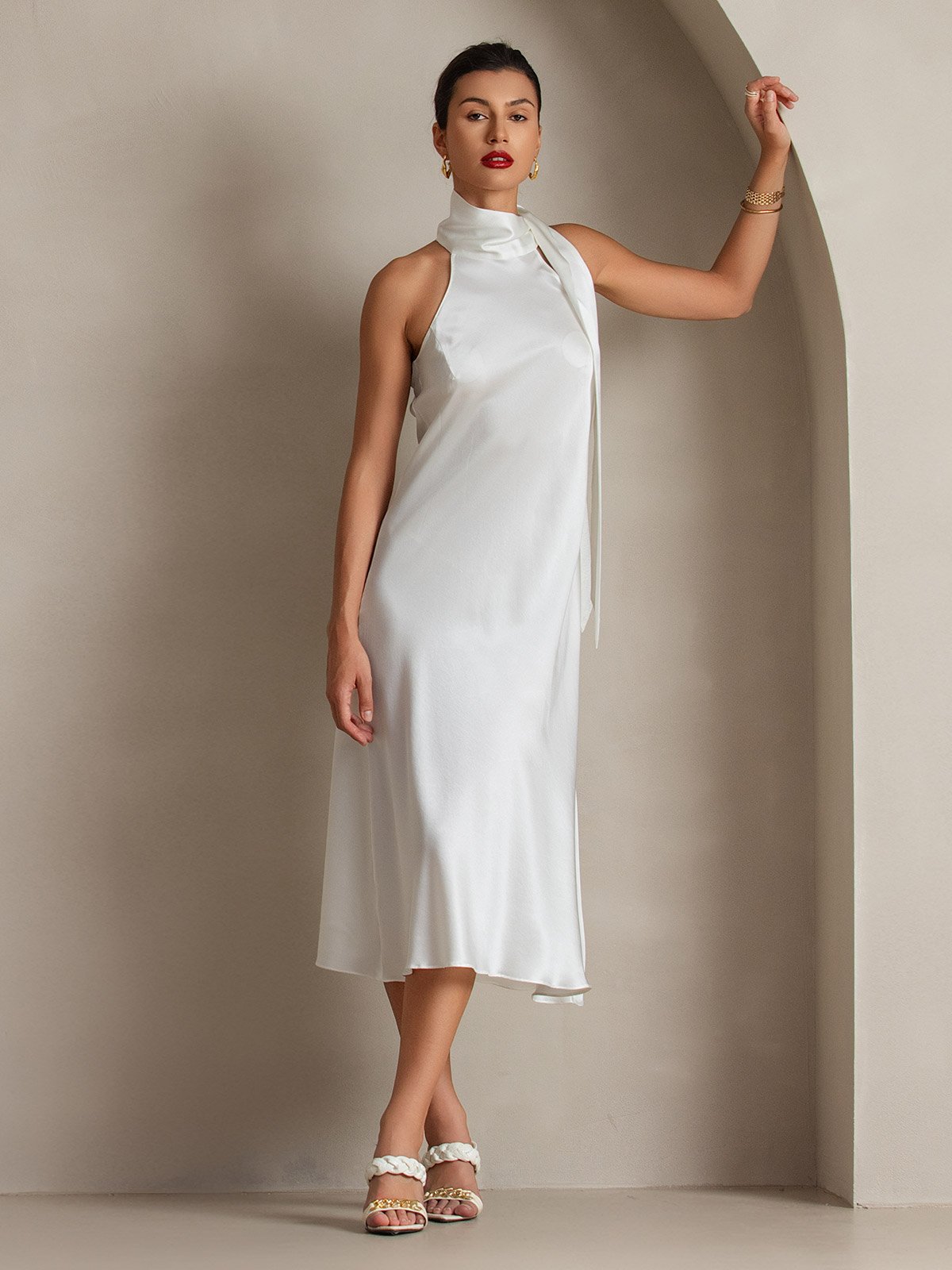 [White] SilkSilky 19Momme Silk Sleeveless Tie Neck Dress 005