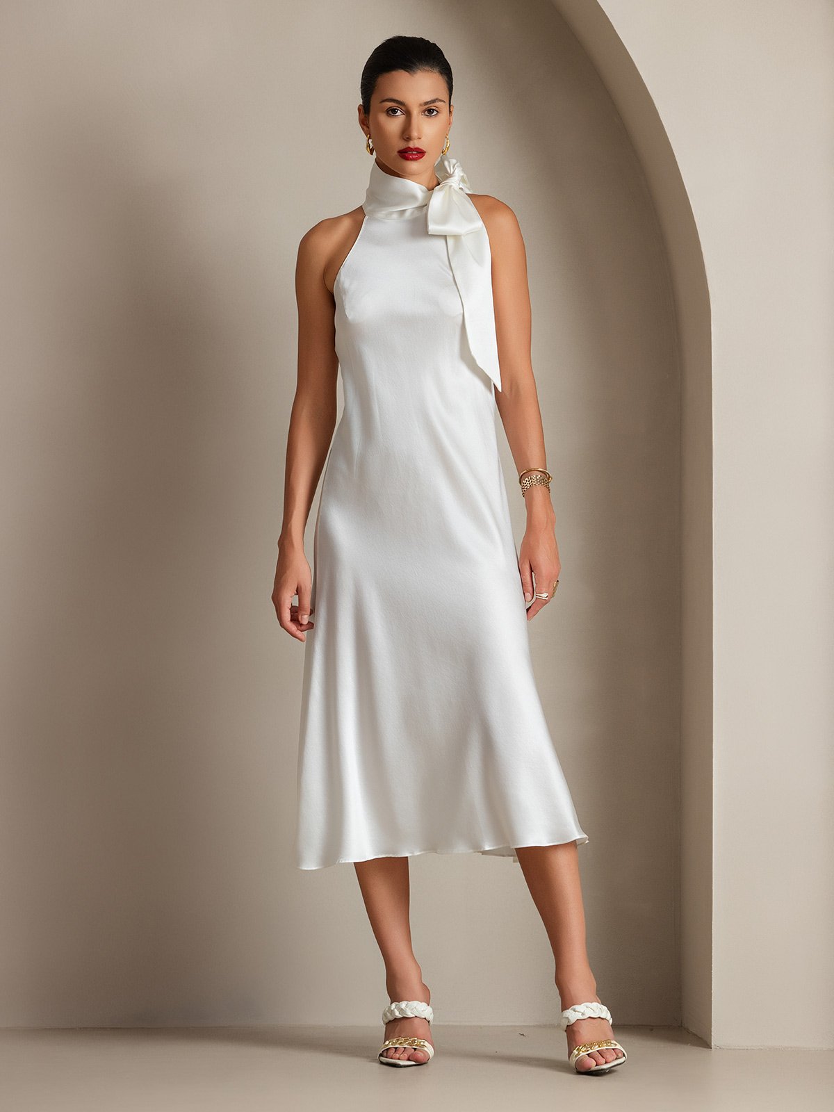 [White] SilkSilky 19Momme Silk Sleeveless Tie Neck Dress 006