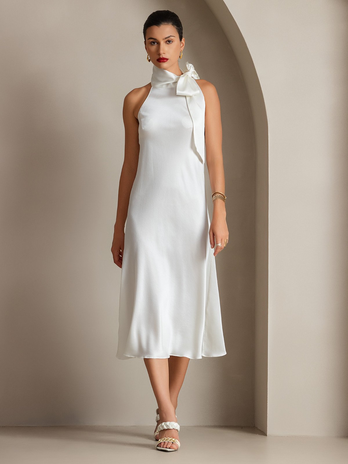 [White] SilkSilky 19Momme Silk Sleeveless Tie Neck Dress 007