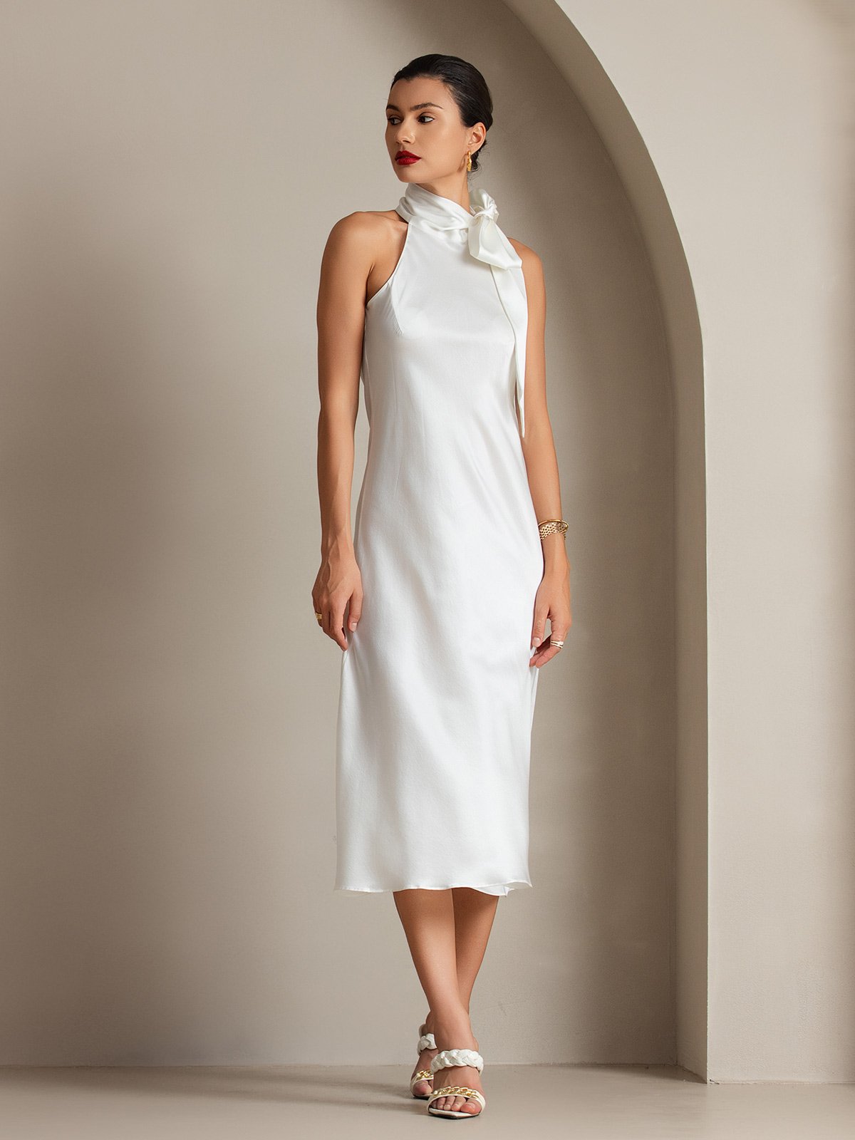 [White] SilkSilky 19Momme Silk Sleeveless Tie Neck Dress 008
