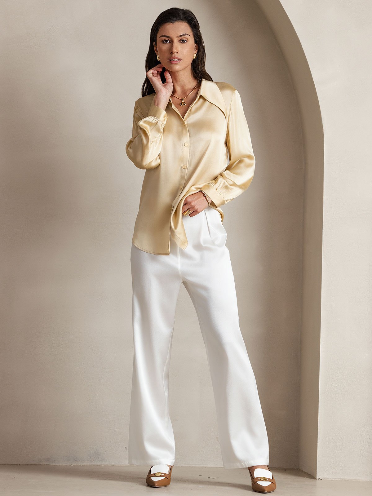 [White] SilkSilky 19Momme Silk Womens Pants 007