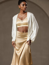 [White] SilkSilky  19Momme Stretch Silk Charmeuse Long Sleeve Women's Outerwear 001