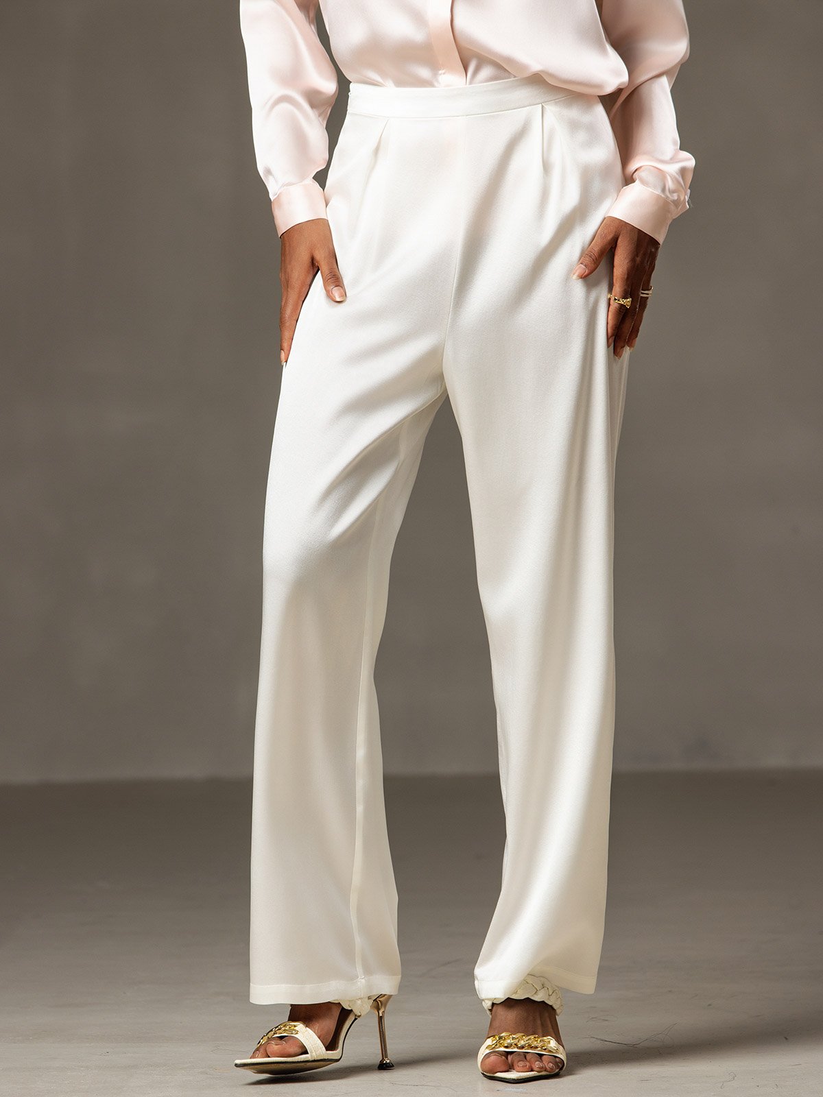 [White] SilkSilky  19Momme Stretch Silk Charmeuse Women's Pants 001