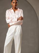 [White] SilkSilky  19Momme Stretch Silk Charmeuse Women's Pants 003