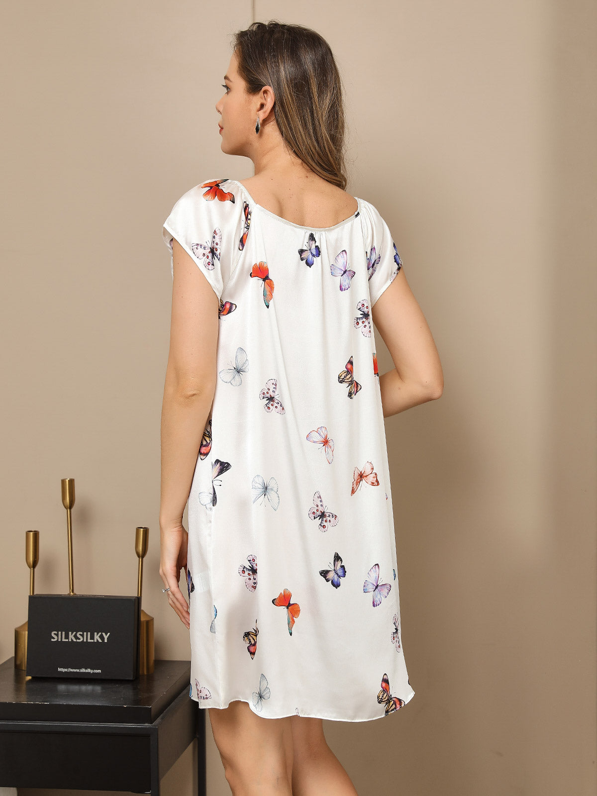 [White] SilkSilky Pure Silk Cap Sleeve Tie Neck Nightgown 007