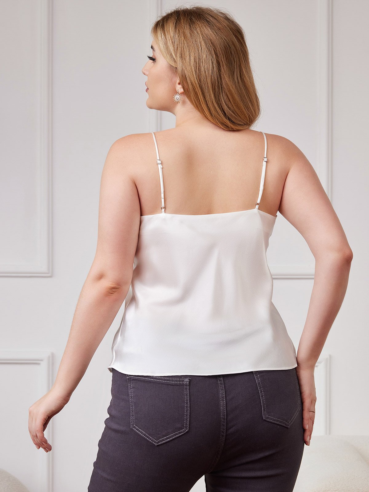 [White] SilkSilky Pure Silk Deep V Neck Plus Size Camisole Top 002