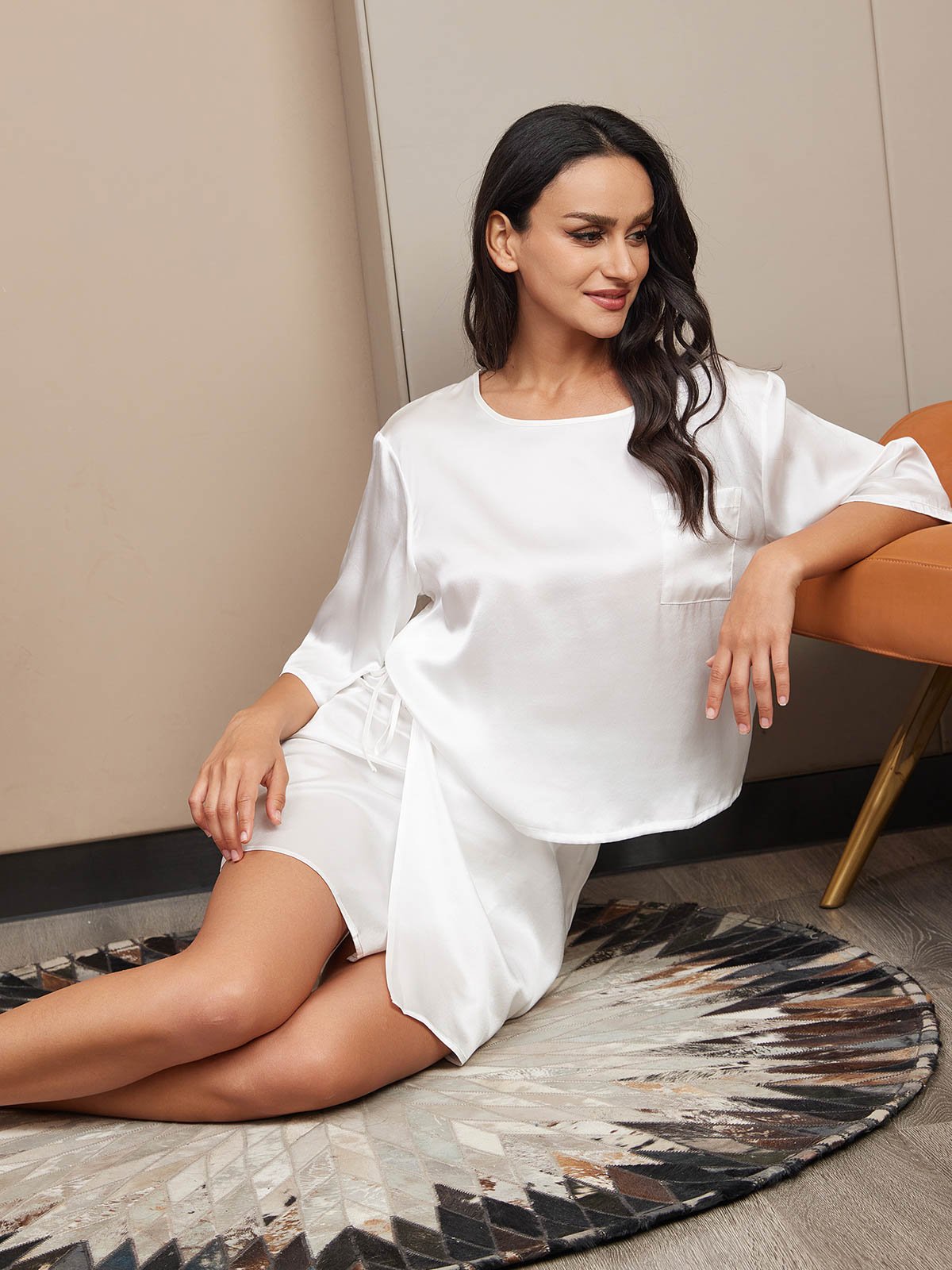 [White] SilkSilky Pure Silk Half Sleeve Womens Pajamas 004