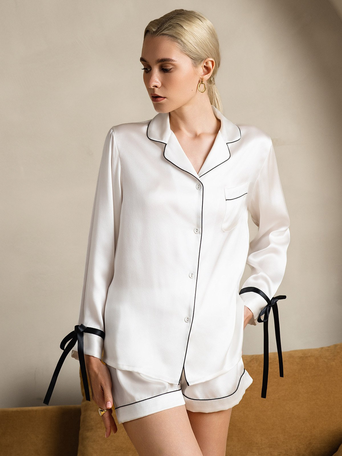 [White] SilkSilky Pure Silk Long Sleeve Lapel Women's Pajamas 001