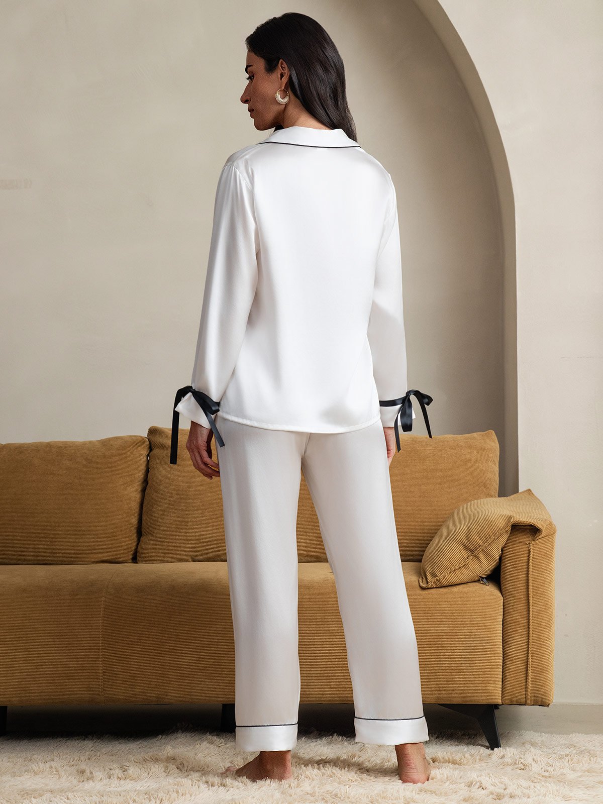 [White] SilkSilky Pure Silk Long Sleeve Lapel Women's Pajamas 002