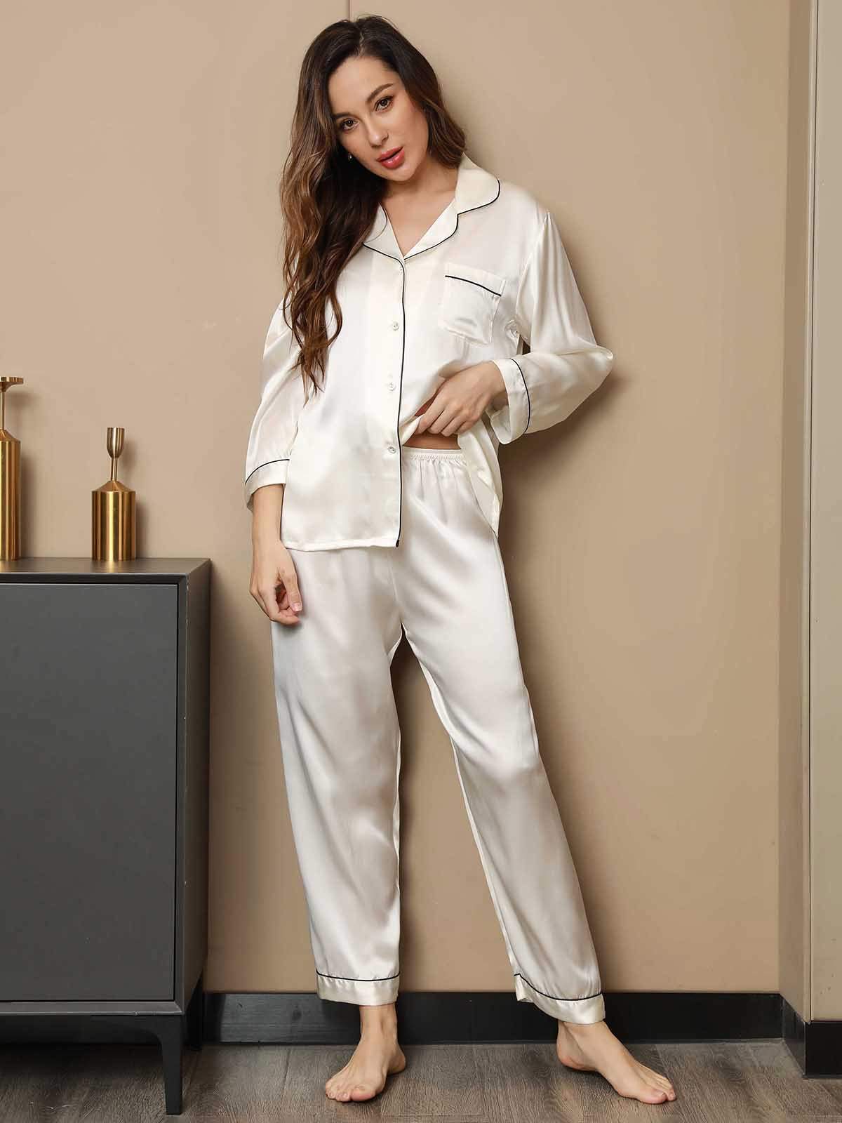 [White] SilkSilky Pure Silk Long Sleeve Lapel Women's Pajamas 003