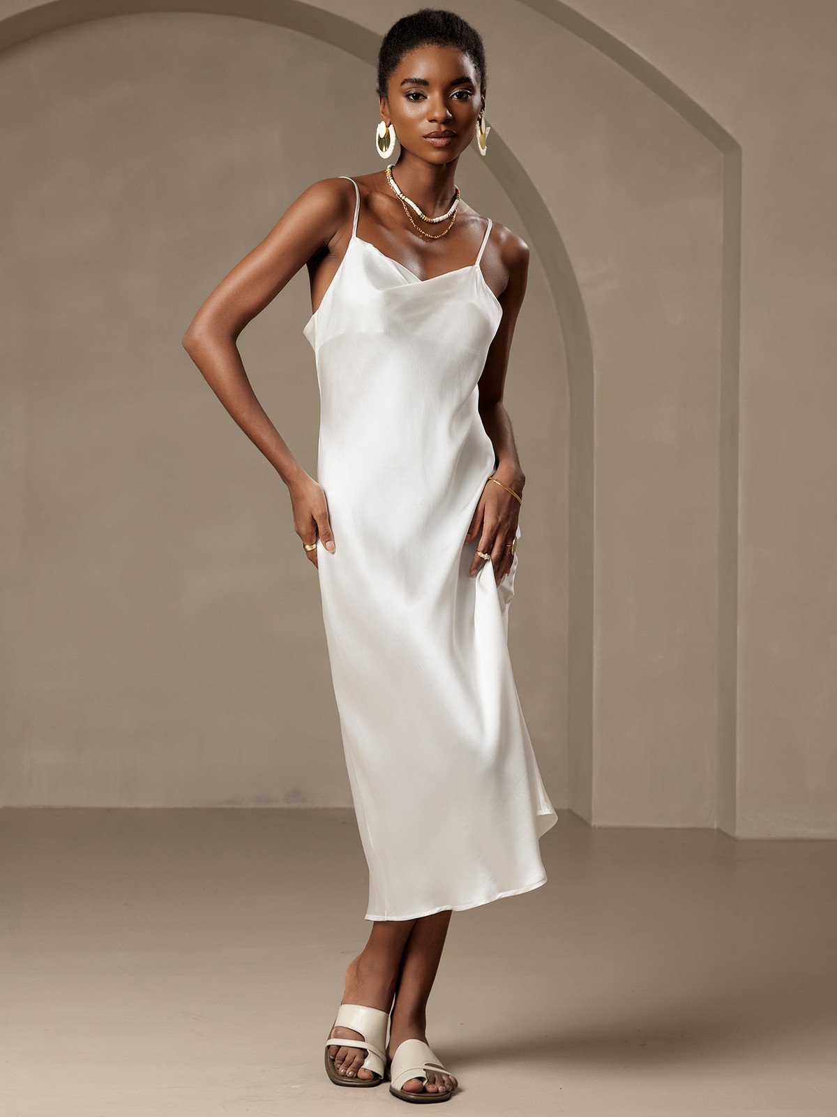 [White] SilkSilky Pure Silk Sleeveless Cowl Neck Dress 001