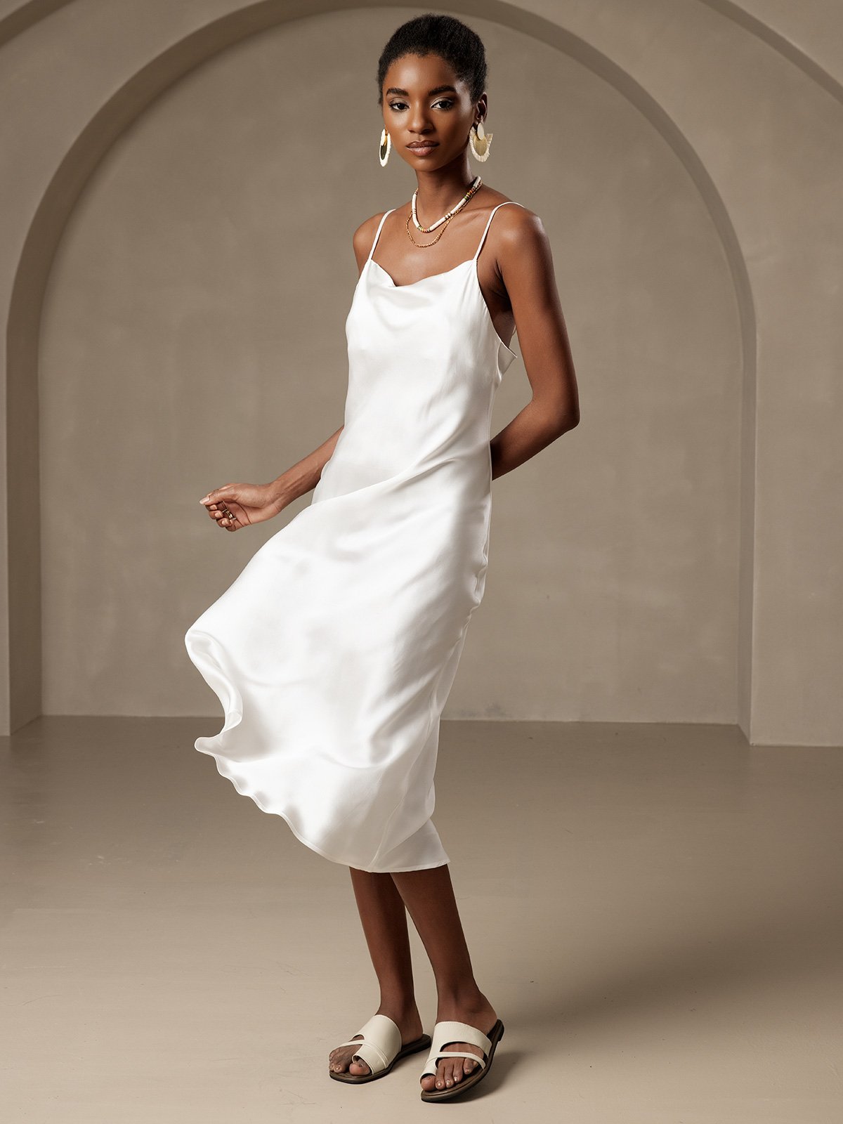 [White] SilkSilky Pure Silk Sleeveless Cowl Neck Dress 003