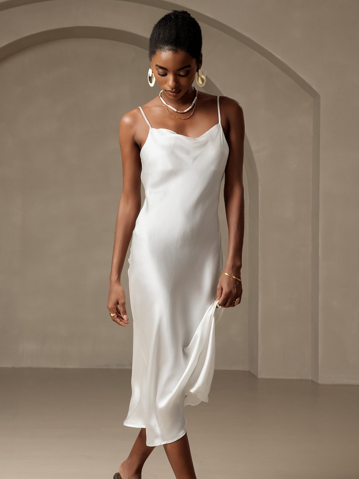 [White] SilkSilky Pure Silk Sleeveless Cowl Neck Dress 006