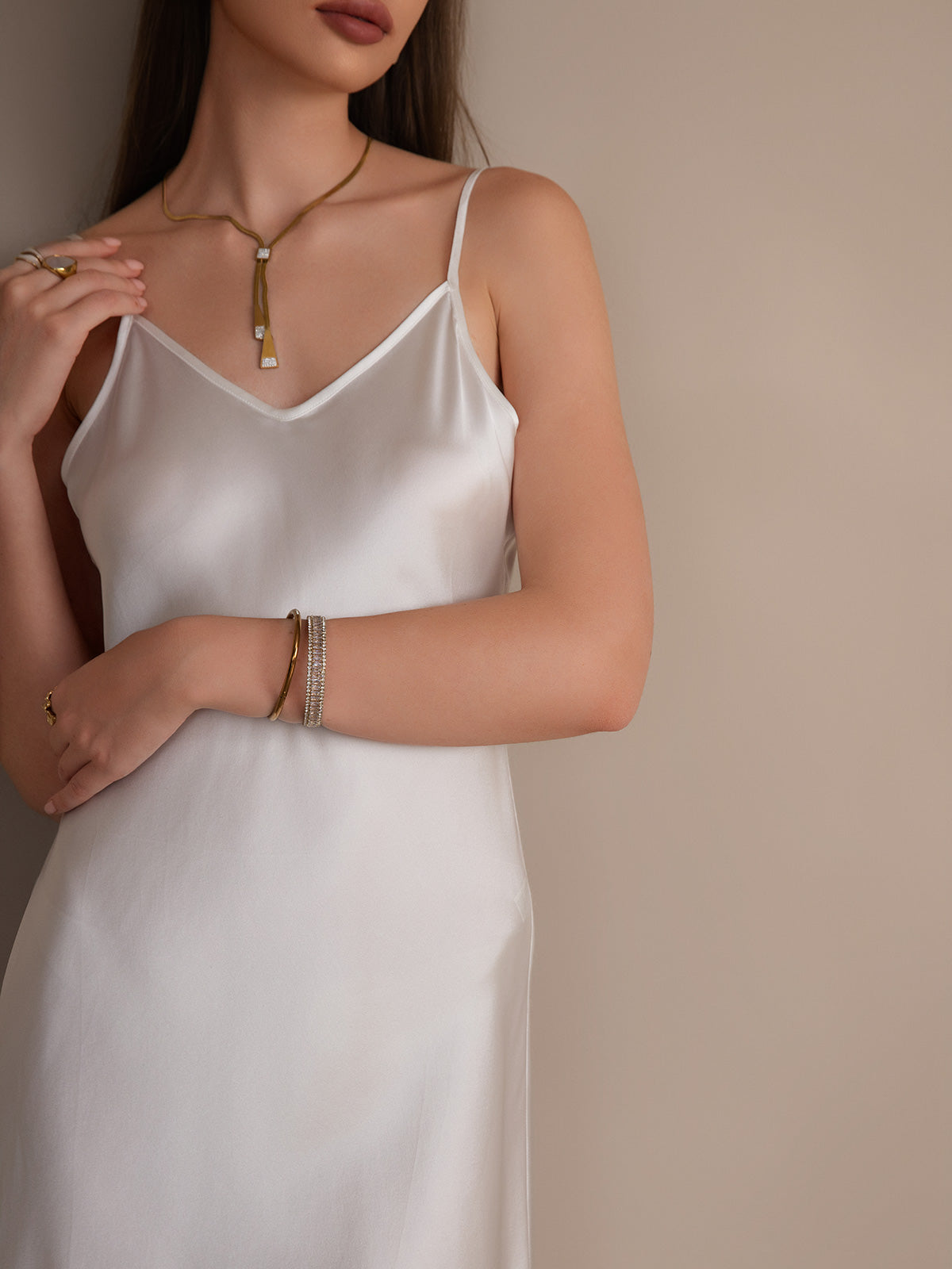 [White] SilkSilky Pure Silk Sleeveless V Neck Dress 003
